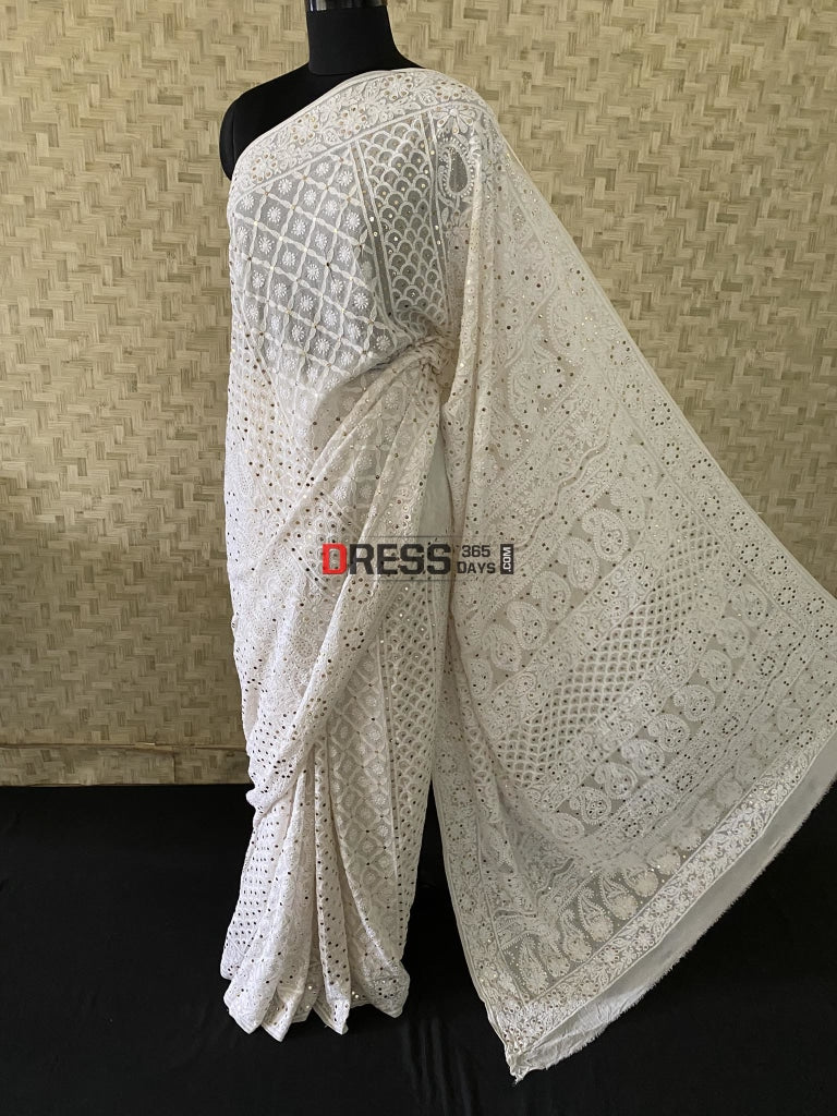 Ivory White Lucknowi Mukaish Saree Chikankari