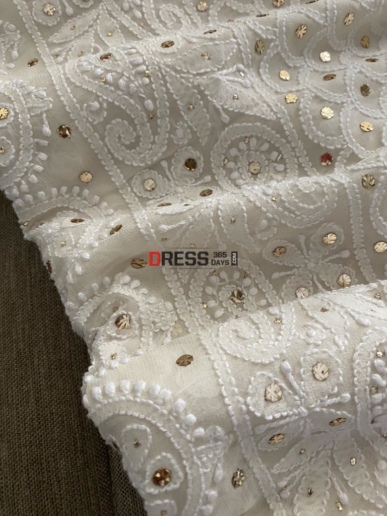 Ivory White Lucknowi Mukaish Saree Chikankari