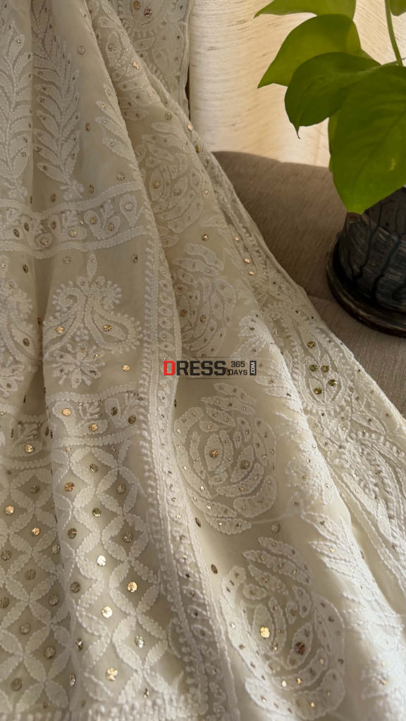 Ivory White Lucknowi Mukaish Saree - Chikankari Saree