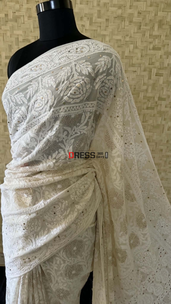 Ivory White Lucknowi Mukaish Saree - Chikankari Saree