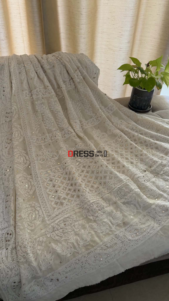 Ivory White Lucknowi Mukaish Saree - Chikankari Saree