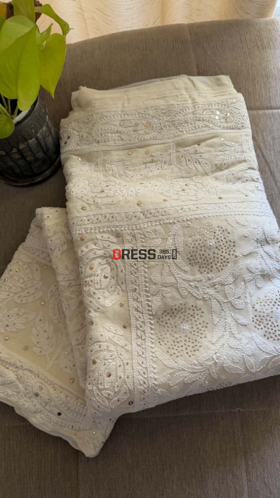 Ivory White Lucknowi Mukaish Saree - Chikankari Saree