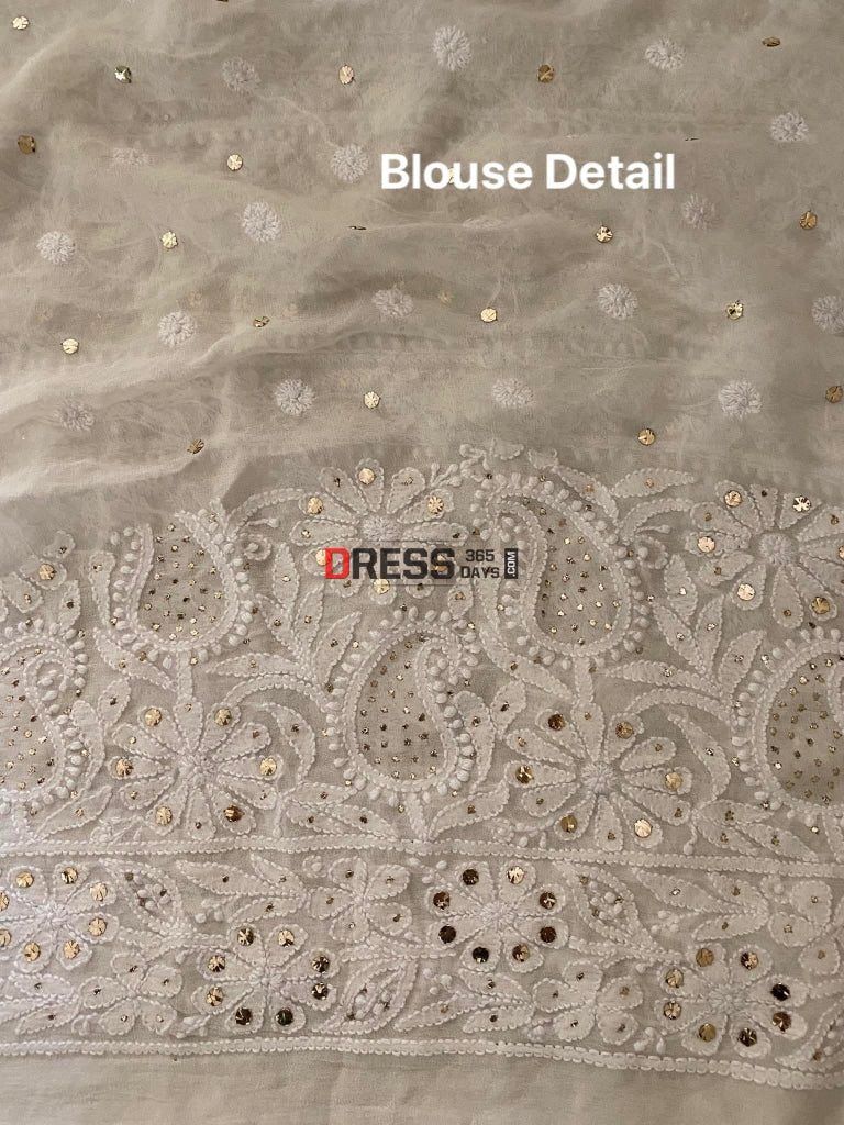 Ivory White Lucknowi Mukaish Saree Chikankari