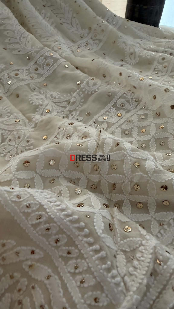 Ivory White Lucknowi Mukaish Saree - Chikankari Saree