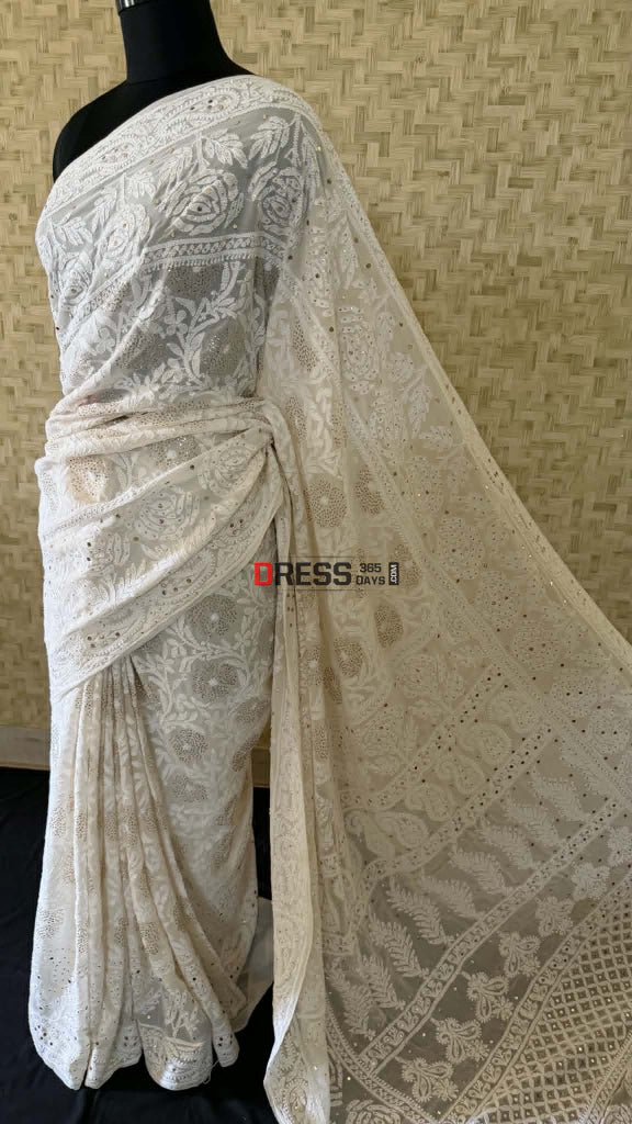 Ivory White Lucknowi Mukaish Saree - Chikankari Saree