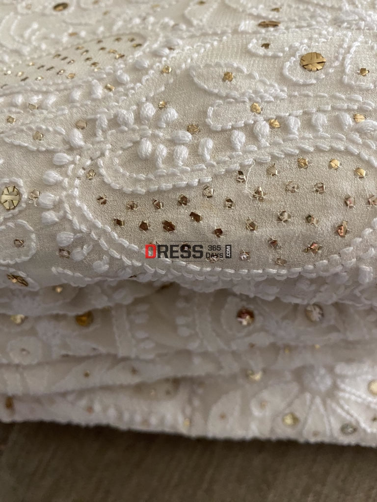 Ivory White Lucknowi Mukaish Saree Chikankari