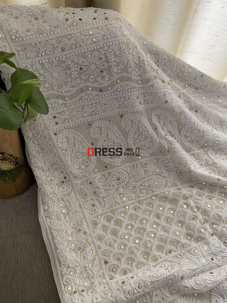 Ivory White Lucknowi Mukaish Saree Chikankari