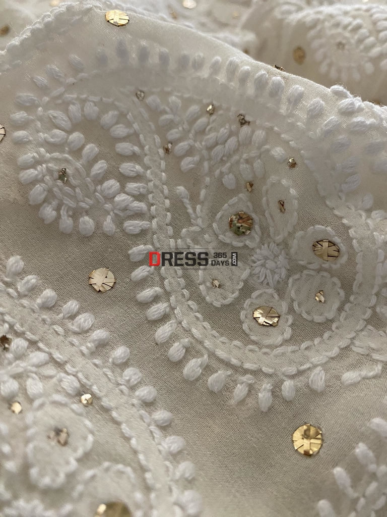 Ivory White Lucknowi Mukaish Saree Chikankari