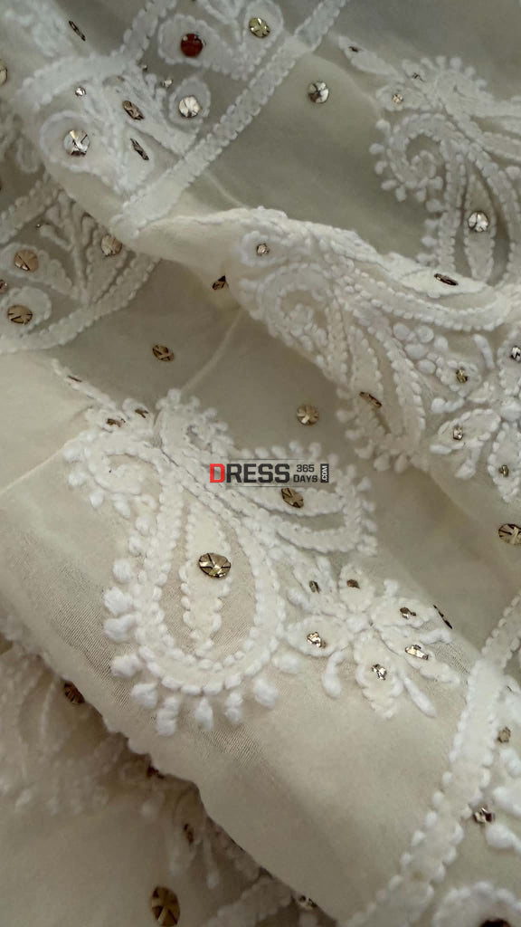 Ivory White Lucknowi Mukaish Saree - Chikankari Saree