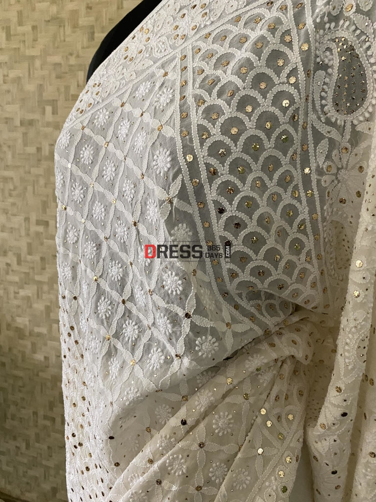 Ivory White Lucknowi Mukaish Saree Chikankari