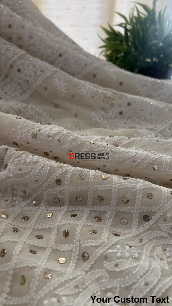 Ivory White Lucknowi Mukaish Work Saree Chikankari Saree