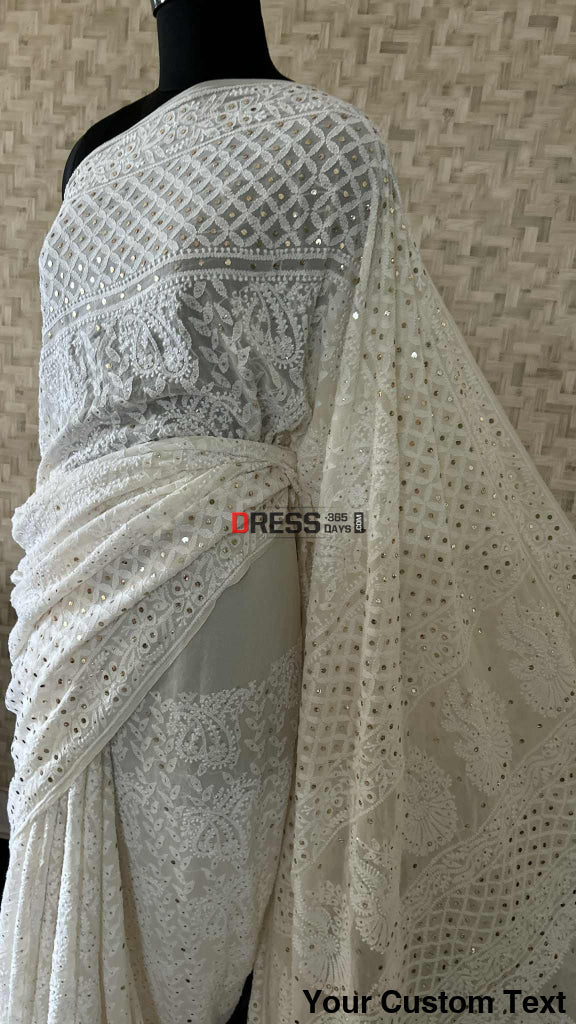 Ivory White Lucknowi Mukaish Work Saree Chikankari Saree