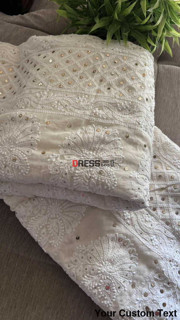 Ivory White Lucknowi Mukaish Work Saree Chikankari Saree