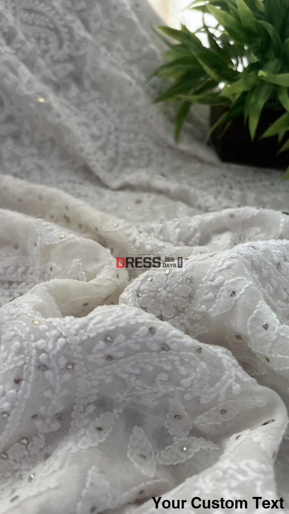 Ivory White Lucknowi Mukaish Work Saree Chikankari Saree