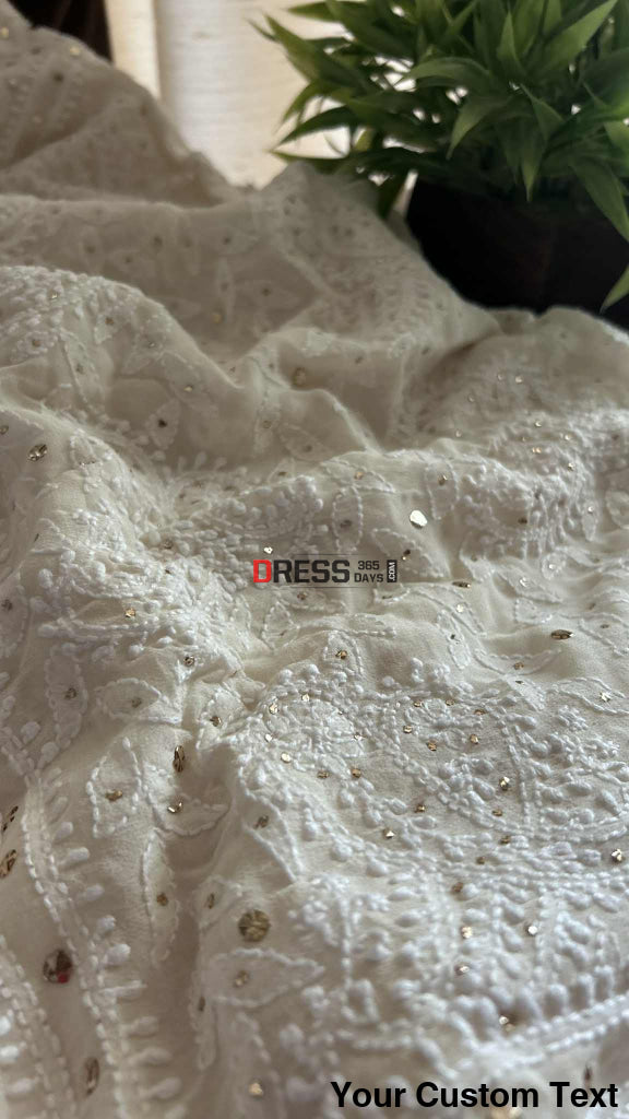 Ivory White Lucknowi Mukaish Work Saree Chikankari Saree