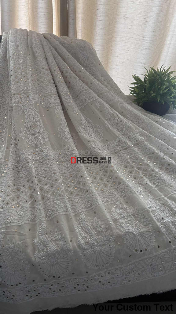 Ivory White Lucknowi Mukaish Work Saree Chikankari Saree
