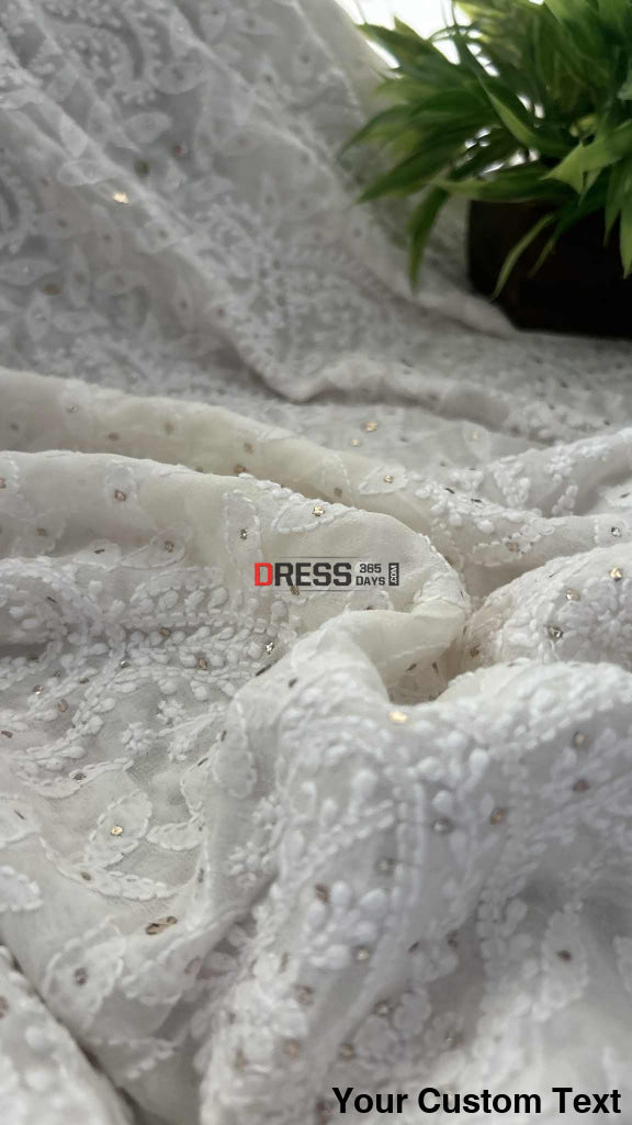 Ivory White Lucknowi Mukaish Work Saree Chikankari Saree