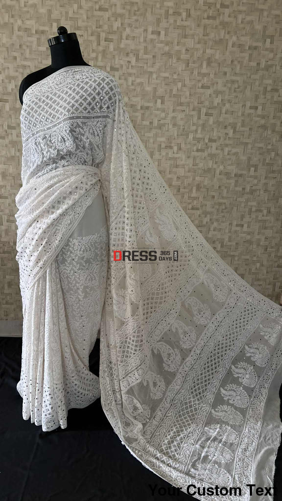 Ivory White Lucknowi Mukaish Work Saree Chikankari Saree
