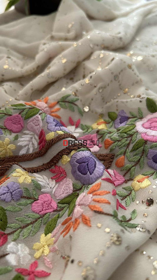 Ivory White Mukaish and Parsi Gara Suit Parsi Gara Suits