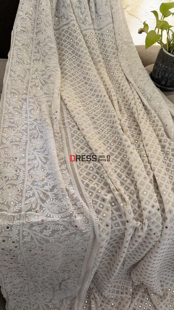 Ivory White Mukaish Chikankari Dupatta - Chikankari Dupatta
