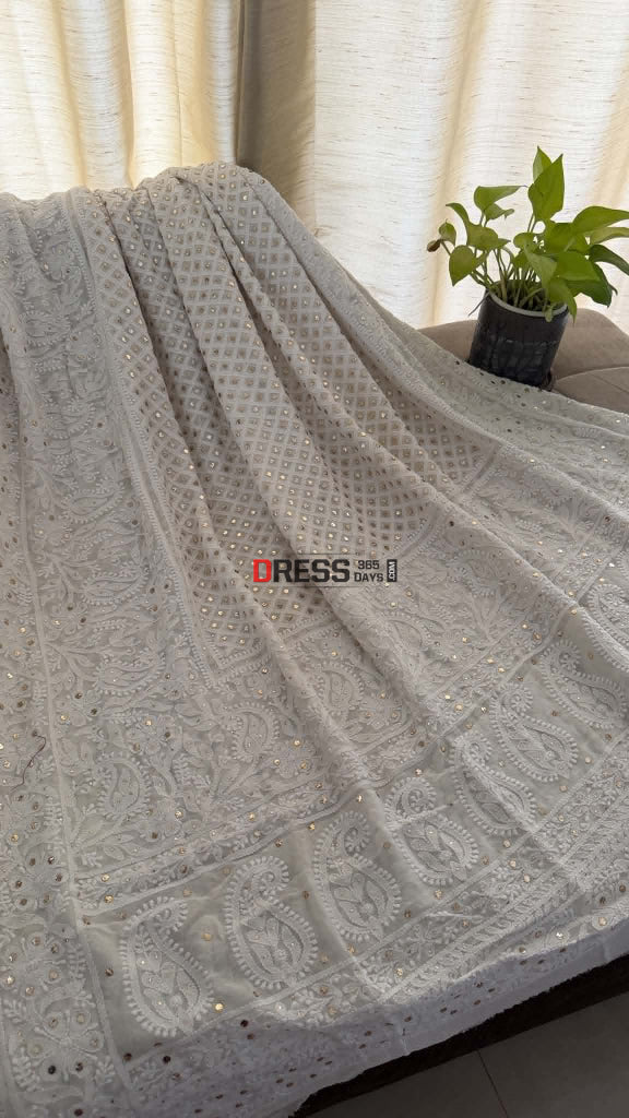 Ivory White Mukaish Chikankari Dupatta - Chikankari Dupatta