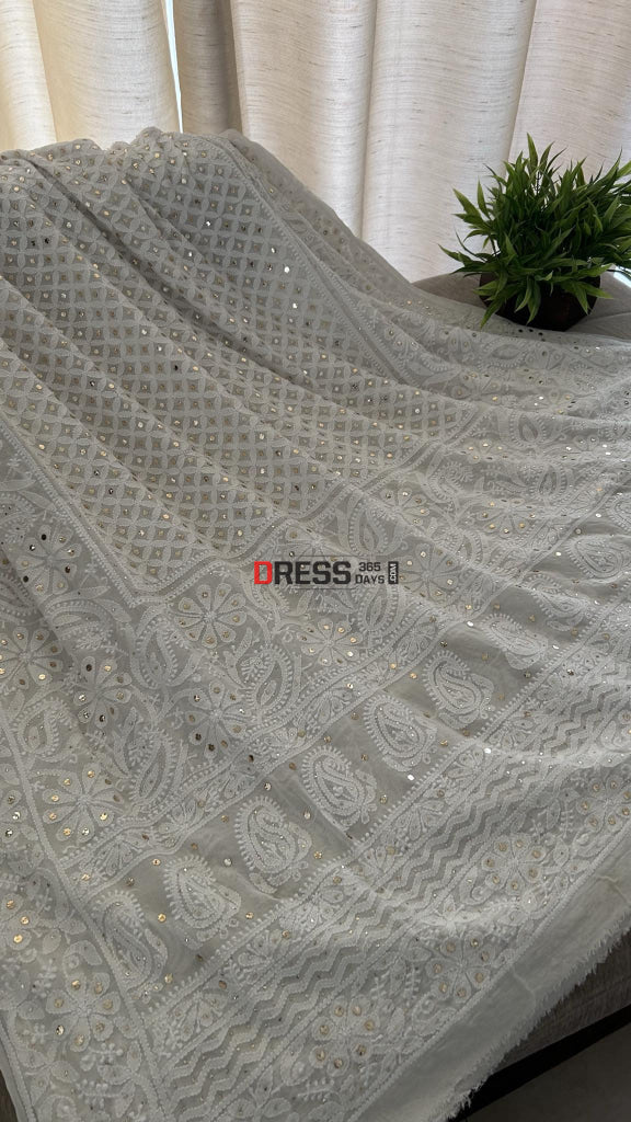 Ivory White Mukaish Chikankari Dupatta