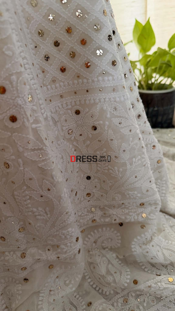 Ivory White Mukaish Chikankari Dupatta - Chikankari Dupatta