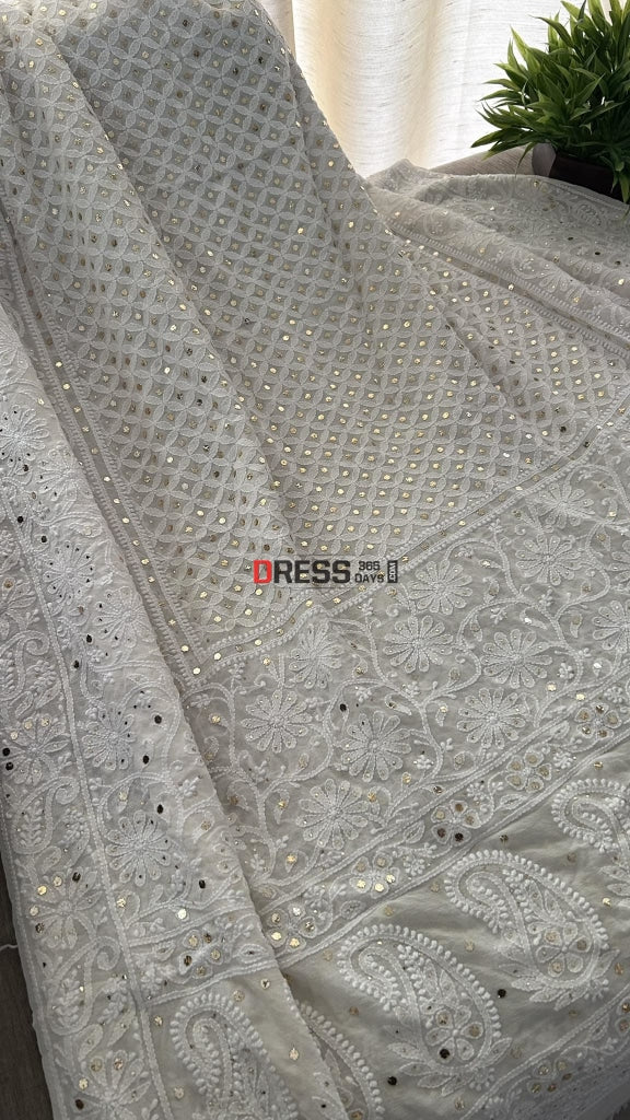 Ivory White Mukaish Chikankari Dupatta