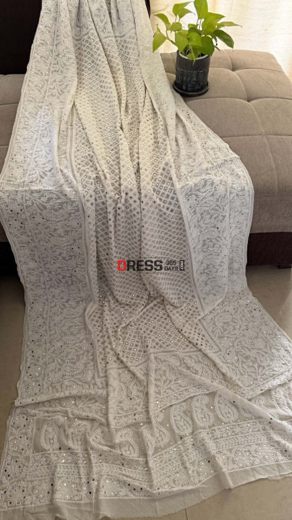 Ivory White Mukaish Chikankari Dupatta - Chikankari Dupatta
