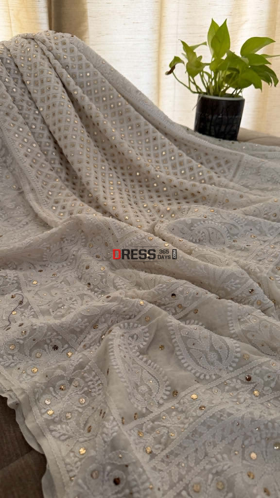 Ivory White Mukaish Chikankari Dupatta - Chikankari Dupatta