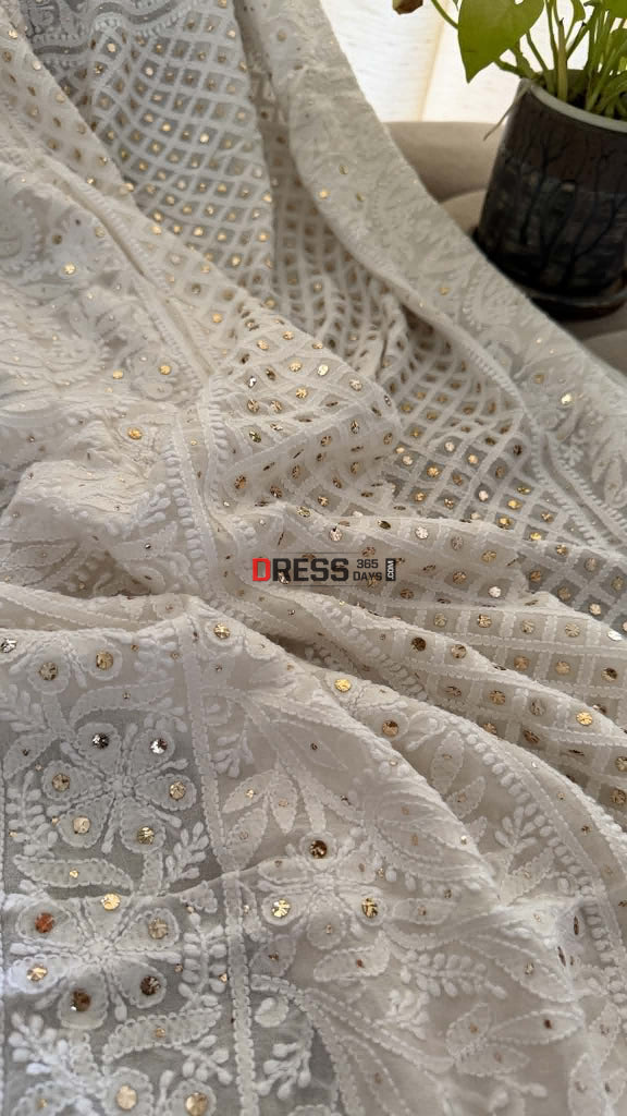 Ivory White Mukaish Chikankari Dupatta - Chikankari Dupatta