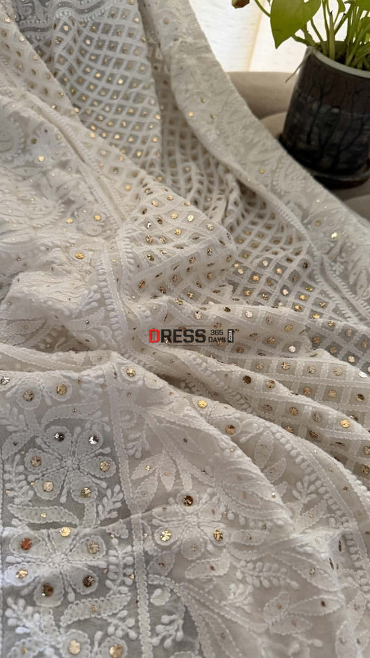 Ivory White Mukaish Chikankari Dupatta - Chikankari Dupatta