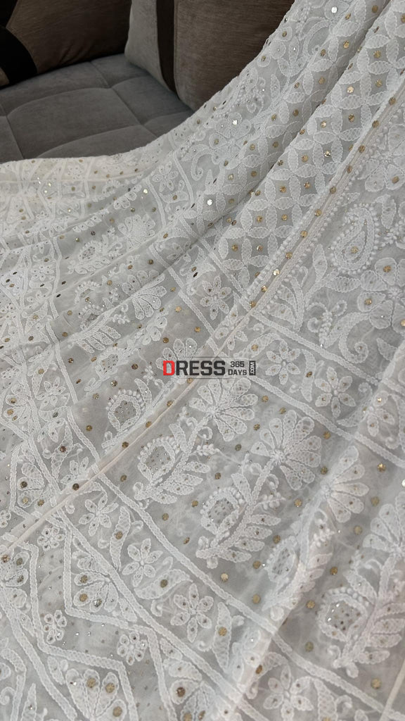 Ivory White Mukaish Chikankari Lehenga Skirt (Lehenga Only)