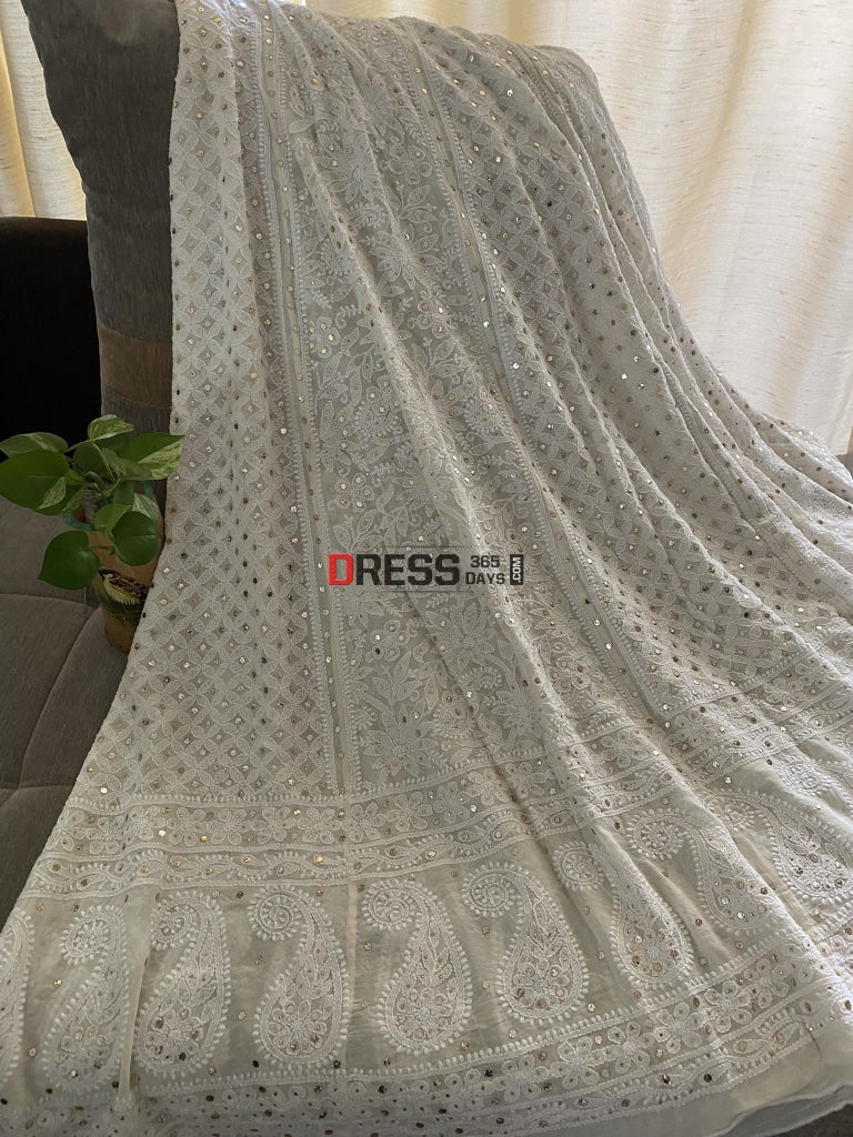 Ivory White Mukaish Chikankari Lehenga Skirt (Only Skirt)