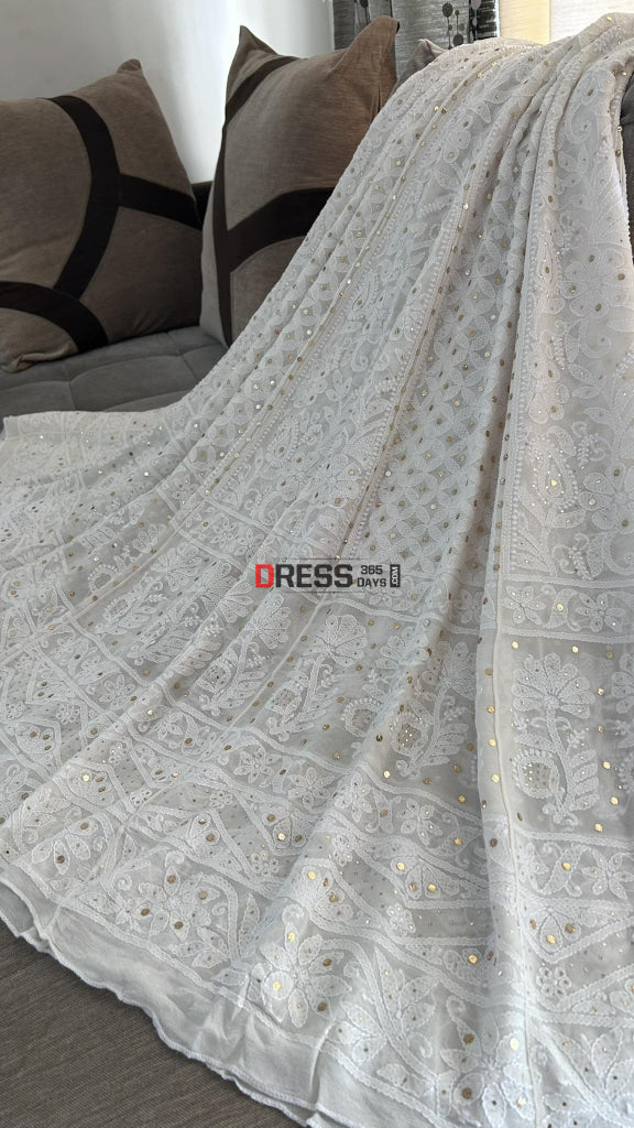 Ivory White Mukaish Chikankari Lehenga Skirt (Lehenga Only)