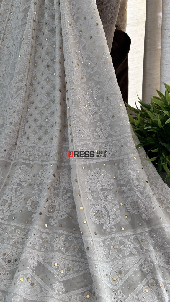 Ivory White Mukaish Chikankari Lehenga Skirt (Lehenga Only)