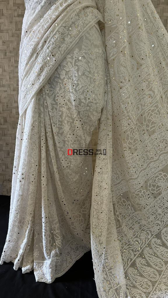 Ivory White Mukaish Chikankari Saree