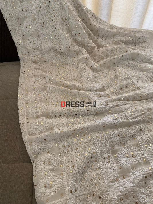 Ivory White Mukaish Chikankari Saree
