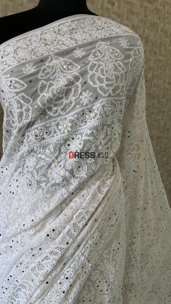 Ivory White Mukaish Chikankari Saree