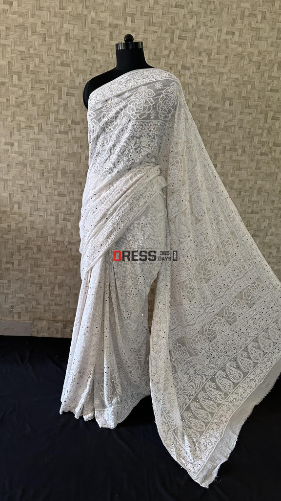 Ivory White Mukaish Chikankari Saree