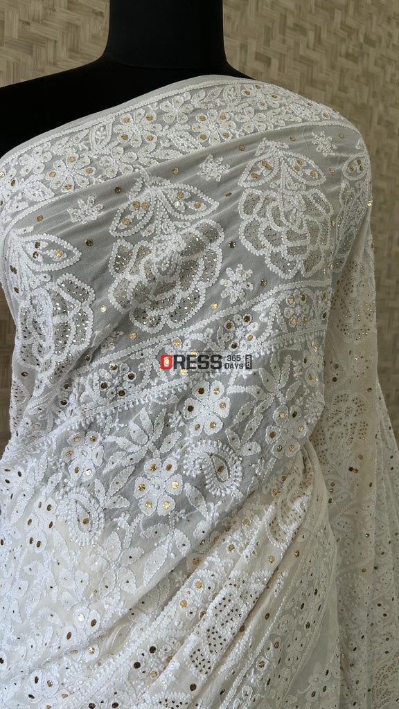 Ivory White Mukaish Chikankari Saree