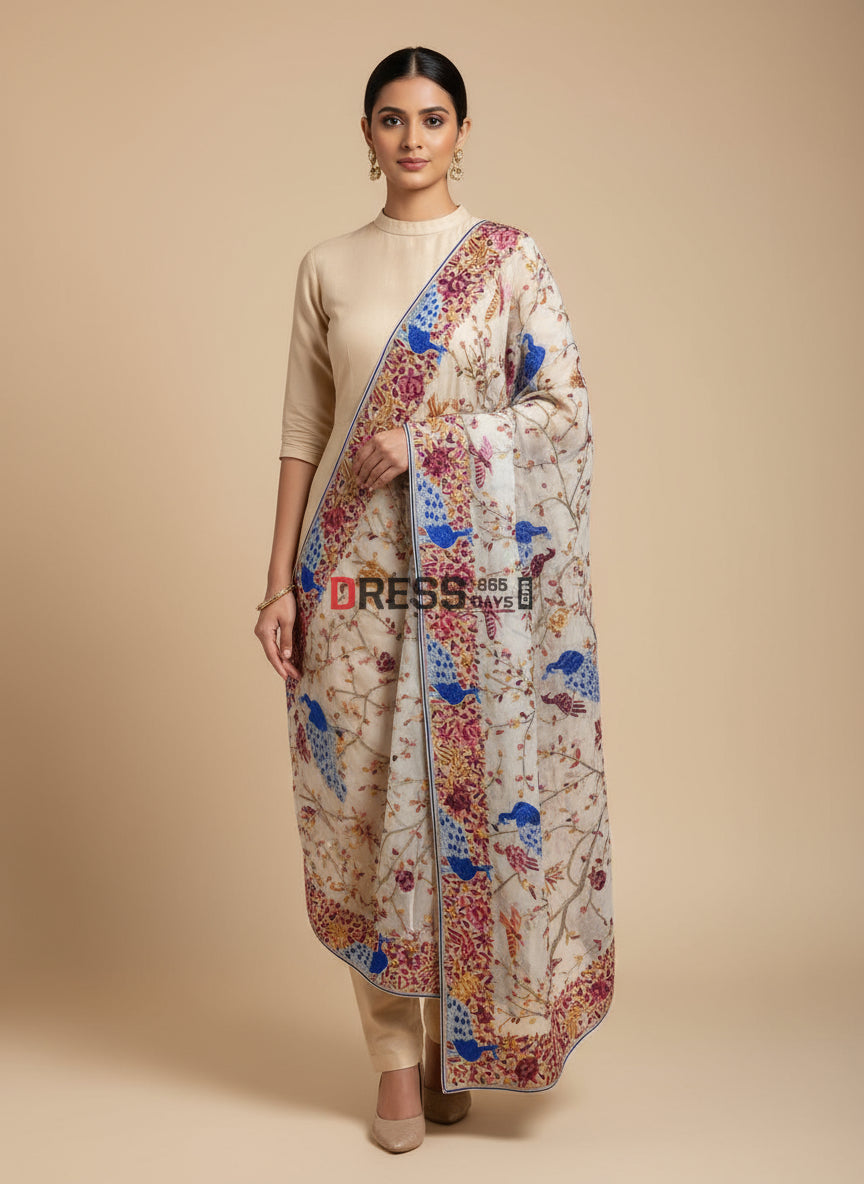 Ivory White Multicolour Parsi Gara Dupatta