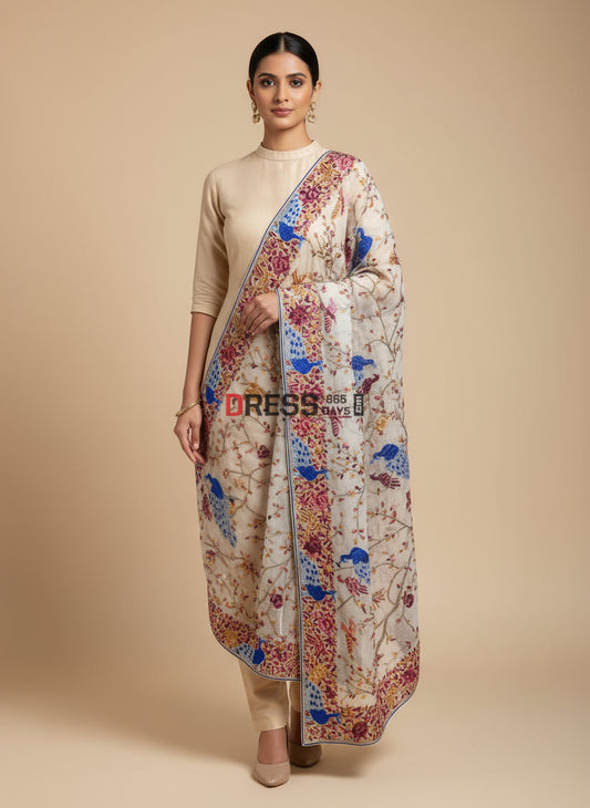 Ivory White Multicolour Parsi Gara Dupatta