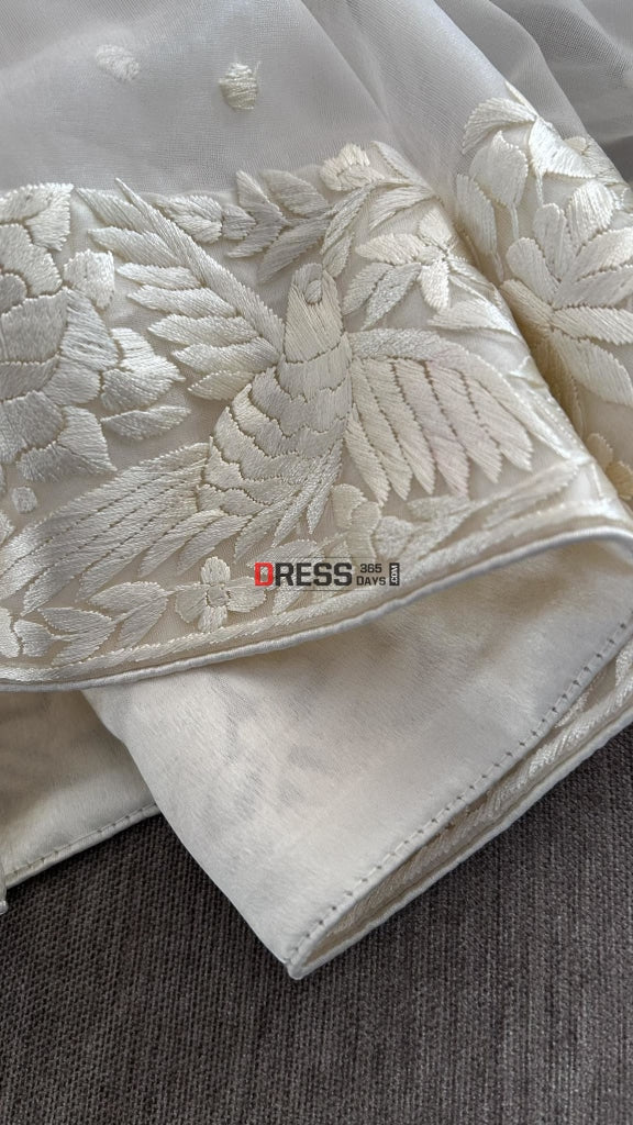 Ivory White Organza Parsi Gara Hand Embroidered Dupatta