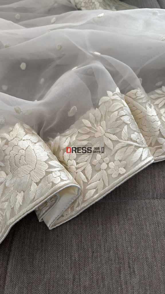 Ivory White Organza Parsi Gara Hand Embroidered Dupatta