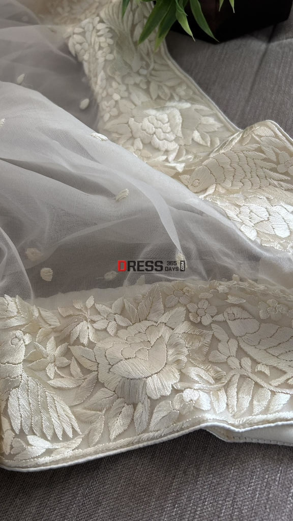 Ivory White Organza Parsi Gara Hand Embroidered Dupatta