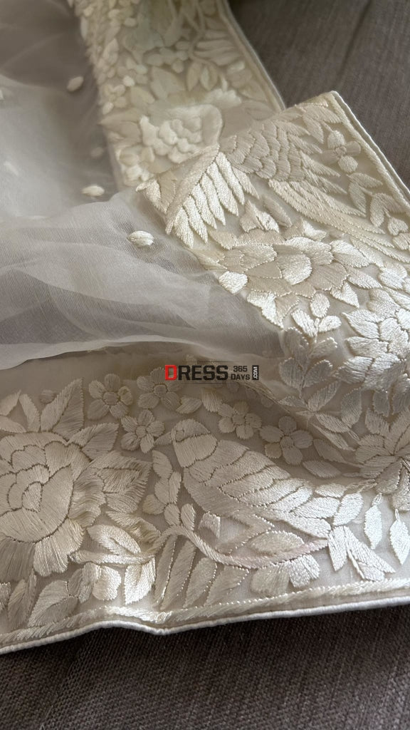 Ivory White Organza Parsi Gara Hand Embroidered Dupatta