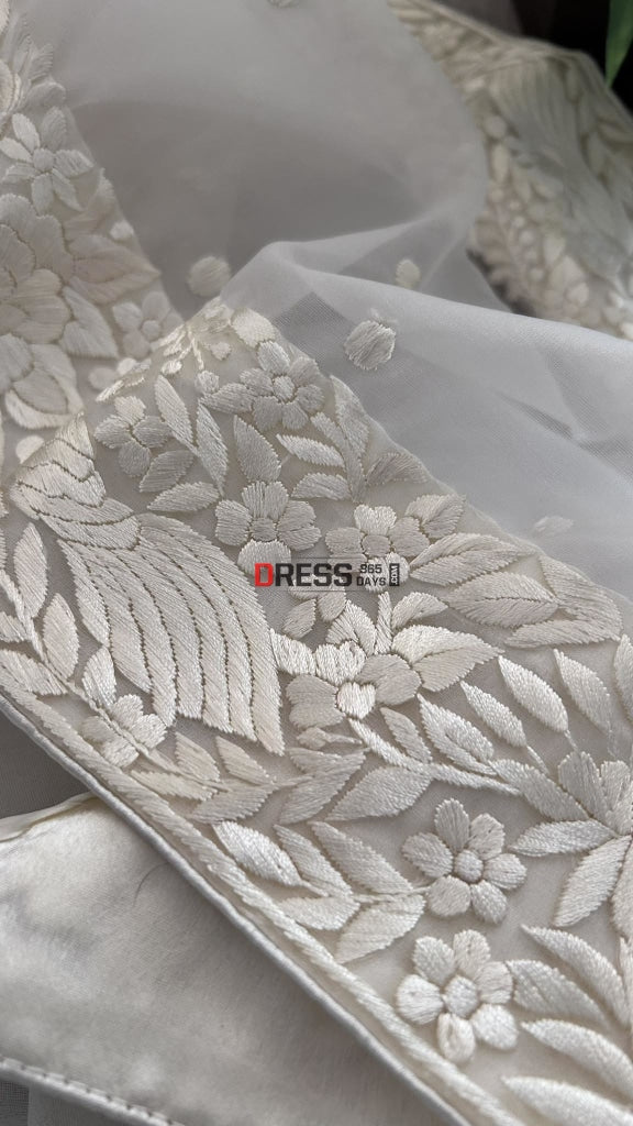 Ivory White Organza Parsi Gara Hand Embroidered Dupatta