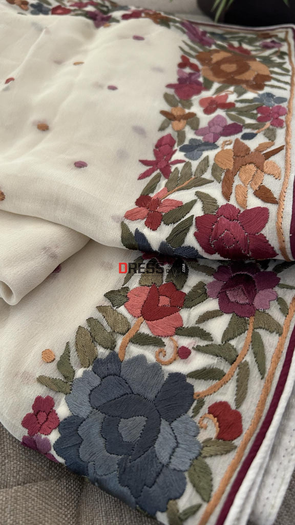 Ivory White Parsi Gara Hand Embroidered Dupatta