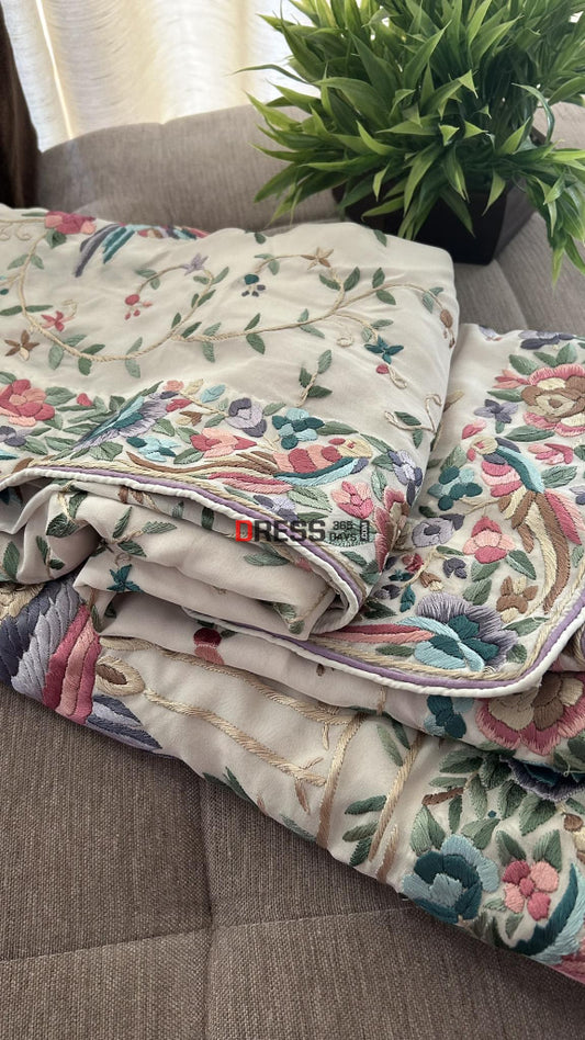 Ivory White Parsi Gara Saree With Multicolour Embroidery